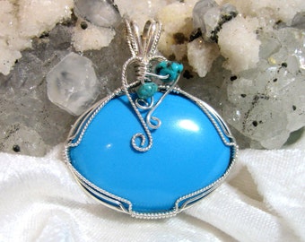 Turquoise Pendant, Large Turquoise Pendant, East West Pendant, 40x30 Wire Wrapped 935 Sterling Silver Argentium Anti-tarnish