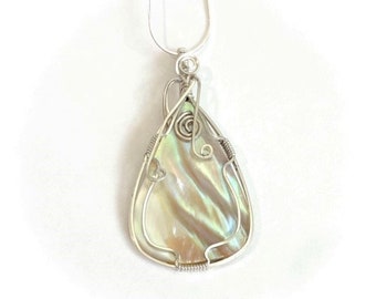 Large Mother of Pearl Pendant, White Shell Pendant, 940 Argentium Anti Tarnish Sterling Silver Wire