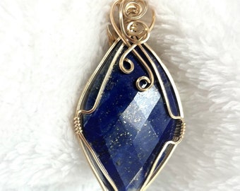 Lapis Pendant, Blue Stone Pendant, Blue Pendant, Marquise, Large AAA 14K Gold Filled (14/20) Wire Wrapped