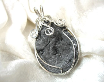 Silver Druzy Pendant, Silver Geode Pendant 935 Sterling Silver Argentium Anti Tarnish Wire Wrapped