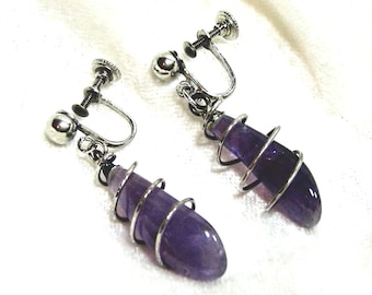 Vintage Amethyst Earrings, Amethyst Dangle Earrings, Amethyst Silver Swirl Earrings, 925 Sterling Silver Screwbacks Jim