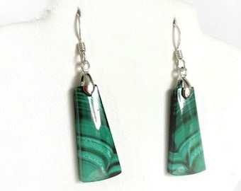 Malachite Earrings, Green Earrings, Rectangle Earrings, Medium Earrings, 925-940 Sterling Argentium Anti Tarnish