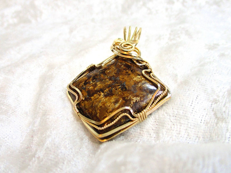 Large Bronzite Pendant Brown Stone Pendant Wire Wrapped 14K Gold-filled Wire