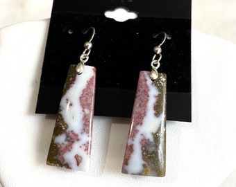 Ocean Jasper Earrings, Pink Earrings, Brown Earrings, White Earrings, Rectangle Lone 925-940 Argentium Sterling Silver