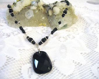 Black Onyx Necklace, Black Necklace, Black Onyx Pendant Solid 935 Sterling Silver Argentium Anti tarnish Wire Wrapped 18"