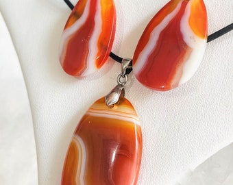 Banded Agate Pendant, Agate Pendant, Orange Pendant, Sterling Silver 925, Black Leather Neck Cord