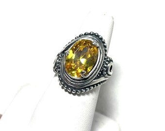 12x10 Citrine Gemstone Ring, Yellow stone Ring, Statement Ring, Western Design Ring Fancy 925 Solid Sterling Silver Sz 8