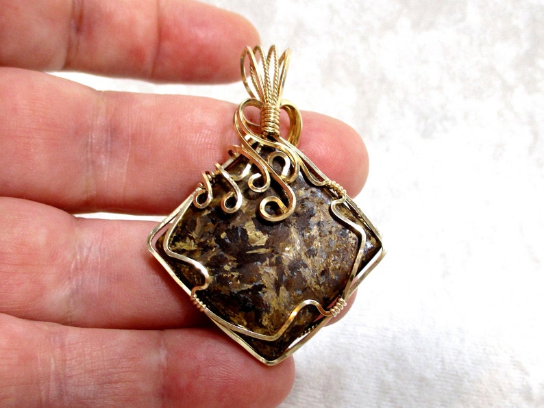 Large Bronzite Pendant Brown Stone Pendant Wire Wrapped 14K Gold-filled Wire
