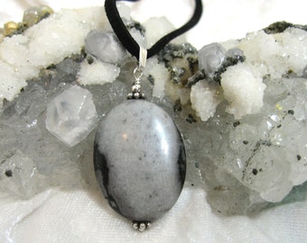 Gray Jasper Pendant, Black Jasper Pendant Solid 925 and 935 Sterling Silver Argentium Anti Tarnish wire 18" Black Leather neck cord