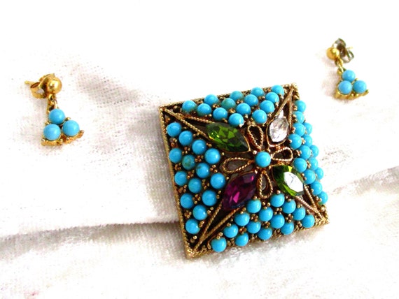 Vintage Turquoise Brooch Set (Acrylic), Square Br… - image 2