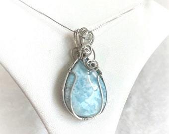 Larimar Pendant, Dolphin Stone Pendant, Larimar Opal Pendant, Blue Stone Pendant, Blue Pendant, Pear, 940 Sterling Silver Argentium