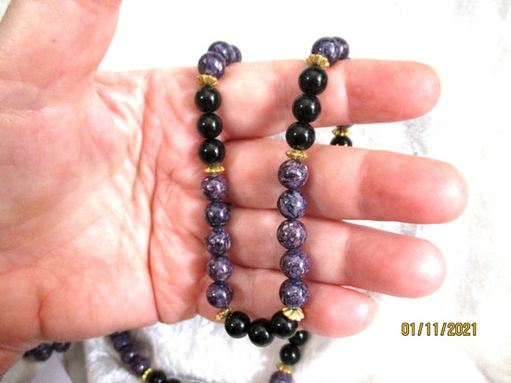 Vintage Black Onyx Necklace, Purple Jasper Necklac