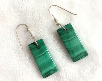 Malachite Earrings, Green Earrings, Rectangle Earrings, Square Earrings, 940 Sterling Argentium Anti Tarnish