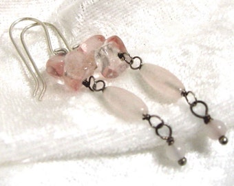 Rose Quartz Earrings, Pink Dangle Earrings, Long Earrings, Pink Earrings Solid Sterling Silver 925, 935 Argentium Ear wires