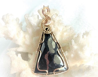 Apache Gold Pendant, Long Triangle Pendant, Pyrite Pendant, Black Pendant, Gold Pendant Triangle 14Kt (14/20) Gold Filled Wire Wrapped