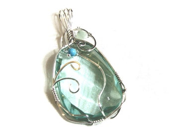 Aquamarine Pendant (Lab created), Turquoise Pendant, Amazonite Pendant accents Solid 935 Sterling Silver Argentium Anti Tarnish