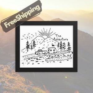 The Adventure RV Mountain Drawing Framed Poster Gift