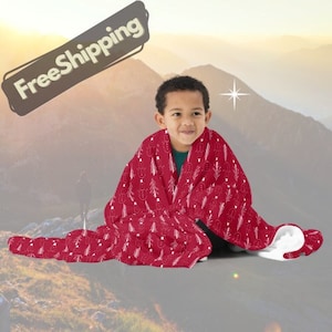 Snowman and Pine Trees Red Winter Fleece Throw Blanket Christmas Gift Idea
