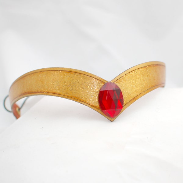 Gold Leather Sailor Moon Sailor Scout Inspired Cosplay Tiara with Large Red Rhinestone