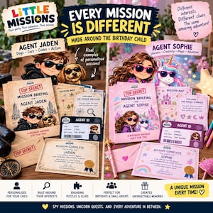May include: A Little Missions personalised birthday activity kit featuring two sets of materials: one for Agent Jaden with dog and car themes, and one for Agent Sophie with unicorn and magic themes. Includes mission briefings, maps, IDs, and certificates.