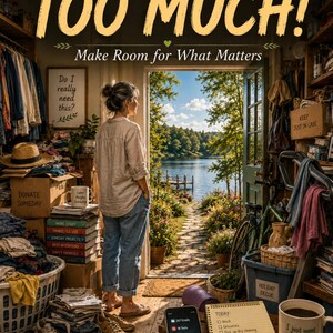 May include: A book cover titled TOO MUCH! Make Room for What Matters, featuring a person standing in a cluttered room looking out an open door at a lake. The room contains stacks of boxes labelled DONATE SOMEDAY and KEEP JUST IN CASE, a bicycle, and a mug with the text I just want space to breathe.