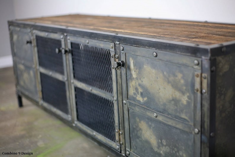 Unique Entertainment Center Reclaimed Wood and Steel Sideboard Modern Design Steel Custom Configuration Vintage Industrial Credenza