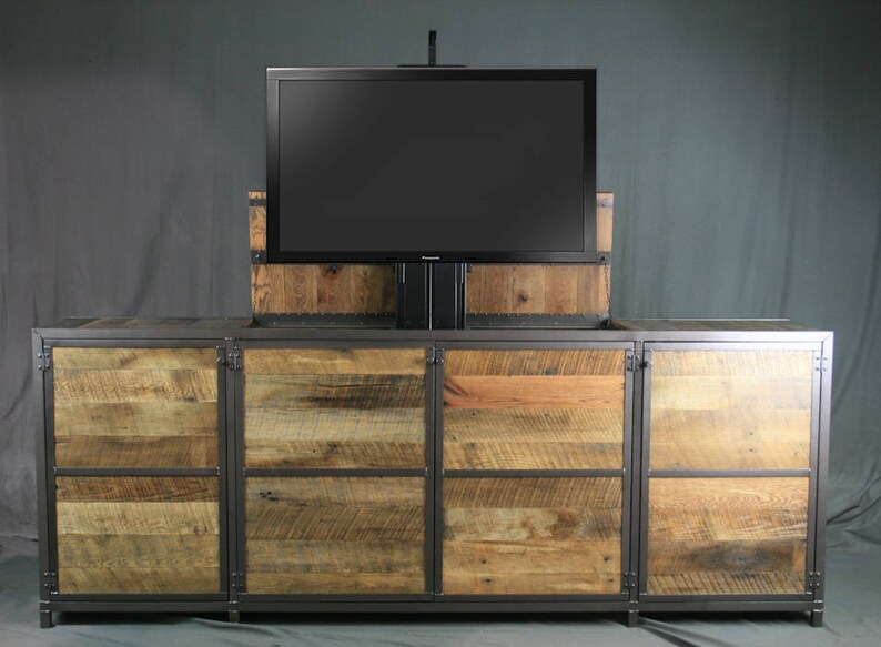 tv lift cabinet. reclaimed wood tv hideaway console. rustic | etsy
