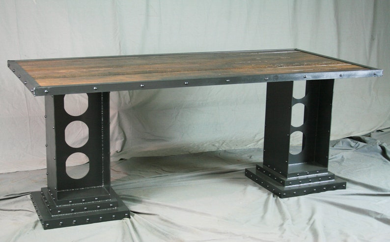 Industrial Desk With Girder Legs Handmade Reclaimed Wood Steel Table Unique Office Furniture Custom Vintage Modern Conference