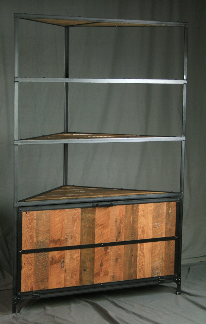 Rustic Industrial Corner Hutch Reclaimed Wood And Steel Rustic Industrial Corner Hutch, Curio Cabinet Corner Unit