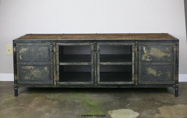 Unique Entertainment Center Reclaimed Wood and Steel Sideboard Modern Design Steel Custom Configuration Vintage Industrial Credenza