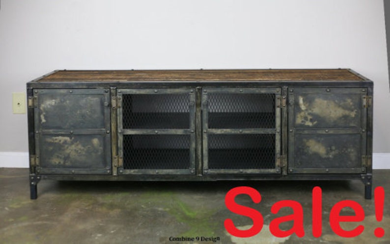 Unique Entertainment Center Reclaimed Wood and Steel Sideboard Modern Design Steel Custom Configuration Vintage Industrial Credenza
