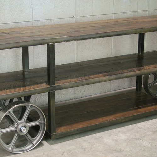 Industrial Console Table With Wheels Trolley Cart Media Industrial Console Table With Wheels, Industrial Wagon Style Small Rustic End Table With Storage Shelf And Wheels