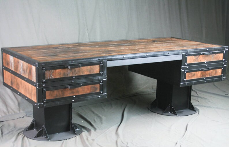 Vintage Industrial Reclaimed Wood Desk With Drawers Rustic Storage Office Furniture