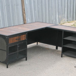 Modern Wood Desk-Custom L Shaped Desk with reclaimed wood top and square steel legs Reclaimed Wood Office Furniture