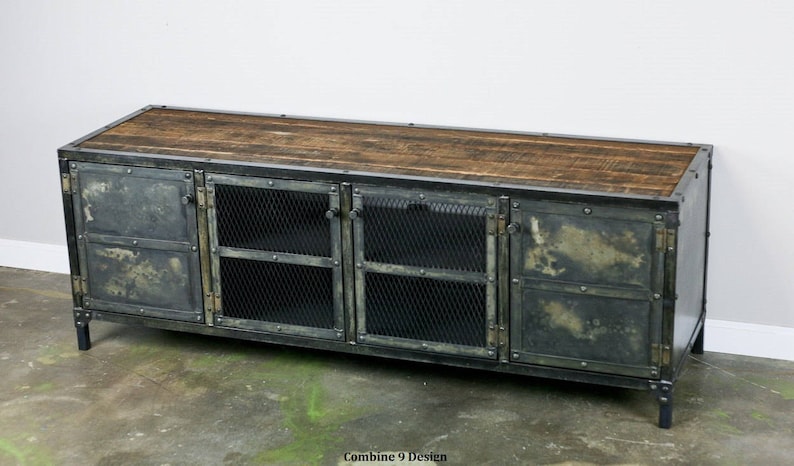 Unique Entertainment Center Reclaimed Wood and Steel Sideboard Modern Design Steel Custom Configuration Vintage Industrial Credenza