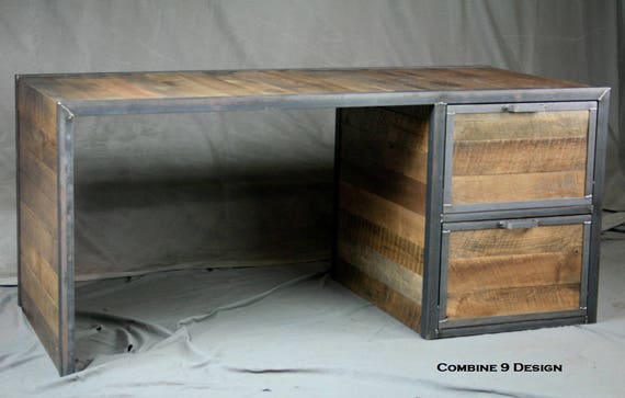 Reclaimed Wood Desk With File Cabinet Drawers Reclaimed Wood Etsy