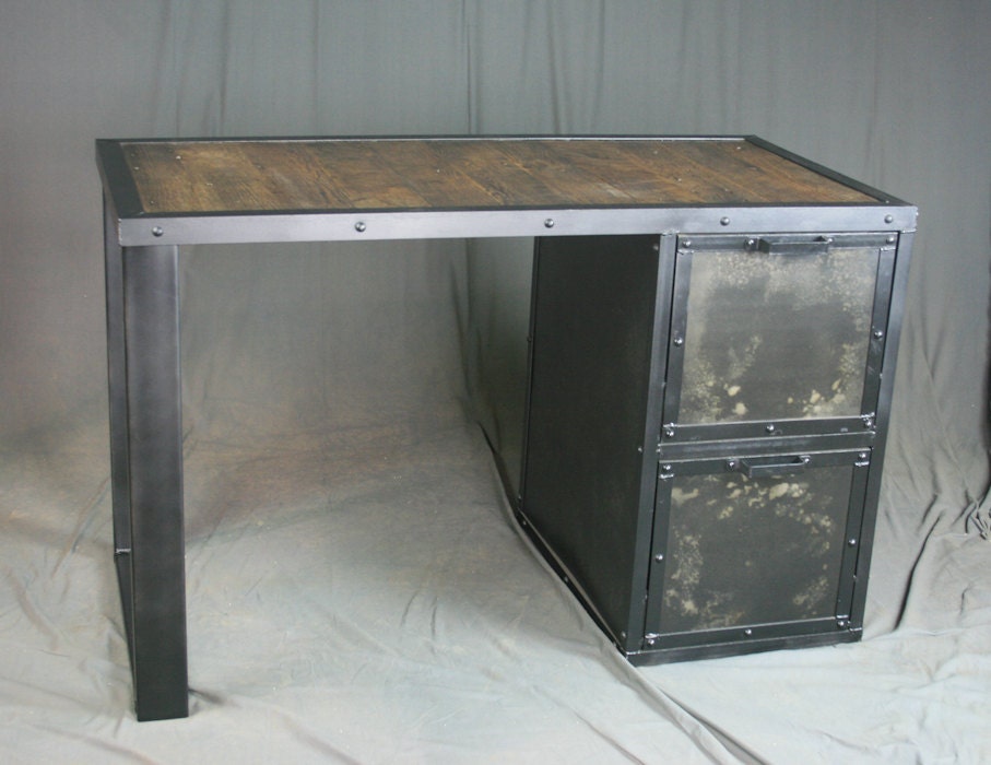 Industrial Desk With File Cabinet Drawers Reclaimed Wood Etsy