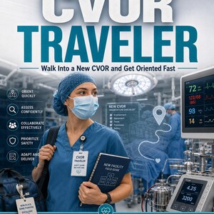 May include: A book titled CVOR TRAVELER, part of the CVOR MASTER SERIES, featuring a medical professional in blue scrubs and a face mask holding a New Facility Field Guide. The cover includes text about orienting in a new CVOR environment.