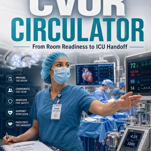 May include: A book cover titled CVOR MASTER SERIES CVOR CIRCULATOR From Room Readiness to ICU Handoff. It features a medical professional in blue scrubs, a mask, and a cap, standing in an operating room with medical monitors and a checklist.