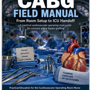 May include: The book cover for CVOR Master Series Book 4, CABG Field Manual, features a medical setting with a model heart, surgical instruments, and blue drapes. Text includes From Room Setup to ICU Handoff, Teamwork Knowledge Better Outcomes, and more.