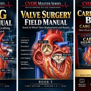 May include: A set of two medical textbooks titled CABG Field Manual and Valve Surgery Field Manual, featuring anatomical heart illustrations, surgical procedure lists, and a bundle offer for the Cardiac Surgery Bundle with a ten dollar savings.