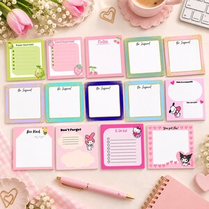 May include: A collection of square sticky notes featuring various designs, including fruit themes like peas, strawberries, and cherries, as well as character illustrations like Hello Kitty, Kuromi, and Pochacco, with text prompts such as To Do List and Be Inspired.