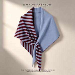May include: A triangular scarf featuring a reversible design with one side in solid light blue and the other side in a maroon and light blue striped pattern. The scarf is tied in a knot at the bottom. Text at the top reads MUROU FASHION.