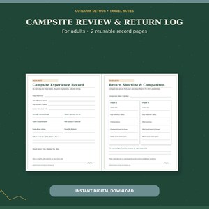 May include: A digital campsite review and return log featuring two white pages with black text. The left page is titled Campsite Experience Record, and the right page is titled Return Shortlist and Comparison, both designed for recording travel notes.