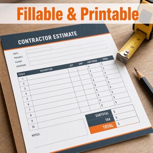 Könnte beinhalten: Ein weißes Papier-Formular für Kostenvoranschläge mit dunkelblauen und orangefarbenen Akzenten, mit Feldern für Datum, Projekt, Kunde, Ort und einer Tabelle mit zehn Zeilen für Menge, Einheit, Einzelpreis und Gesamtbetrag sowie ein Maßband.
