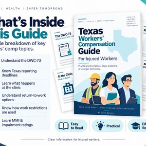 May include: A Texas Workers' Compensation Guide for Injured Workers book cover featuring three illustrated professionals, a map of Texas, and text detailing topics like DWC-73 forms, reporting deadlines, clinic visits, and return-to-work options.