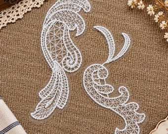 May include: Two white lace appliques featuring intricate, swirling, and leaf-like patterns with a delicate mesh grid structure. These decorative embroidery pieces are crafted with fine white thread, showcasing detailed curves and pointed edges.