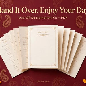 May include: A Day-Of Coordination Kit PDF featuring multiple cream-colored pages with gold-toned text and borders, arranged in a fan shape. The text includes Hand It Over. Enjoy Your Day. Day-Of Coordination Kit, Day Of Kit, and Ceremony.