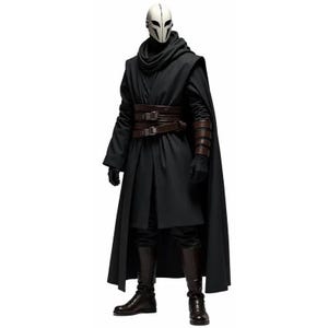 Könnte beinhalten: Ein Ganzkörperkostüm mit einer weißen Maske mit schwarzen Augenschlitzen, einer schwarzen Kapuzenrobe und einem langen schwarzen Umhang. Das Outfit umfasst einen dunkelbraunen Gürtel mit mehreren Riemen und Metallschnallen, dunkelbraune Unterarmschoner und dunkelbraune Stiefel.