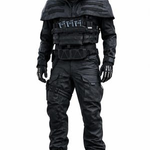 Può includere: Una statuetta a figura intera di un personaggio che indossa un completo tattico nero con mantello con cappuccio, maschera a forma di teschio, pettorina con tasche per caricatori visibili, pantaloni cargo, guanti neri con dettagli ossei e stivali.